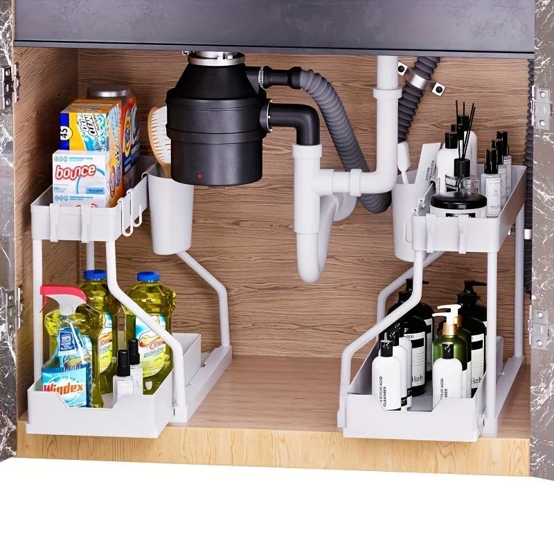 Double Layer Pull-Out Cabinet Organizer Rack | Kitchen Storage