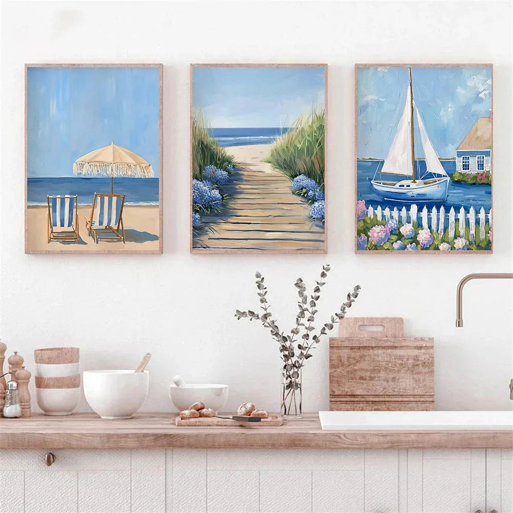 Blue Coastal Canvas Wall Art | Hydrangea Beach Seashell Print