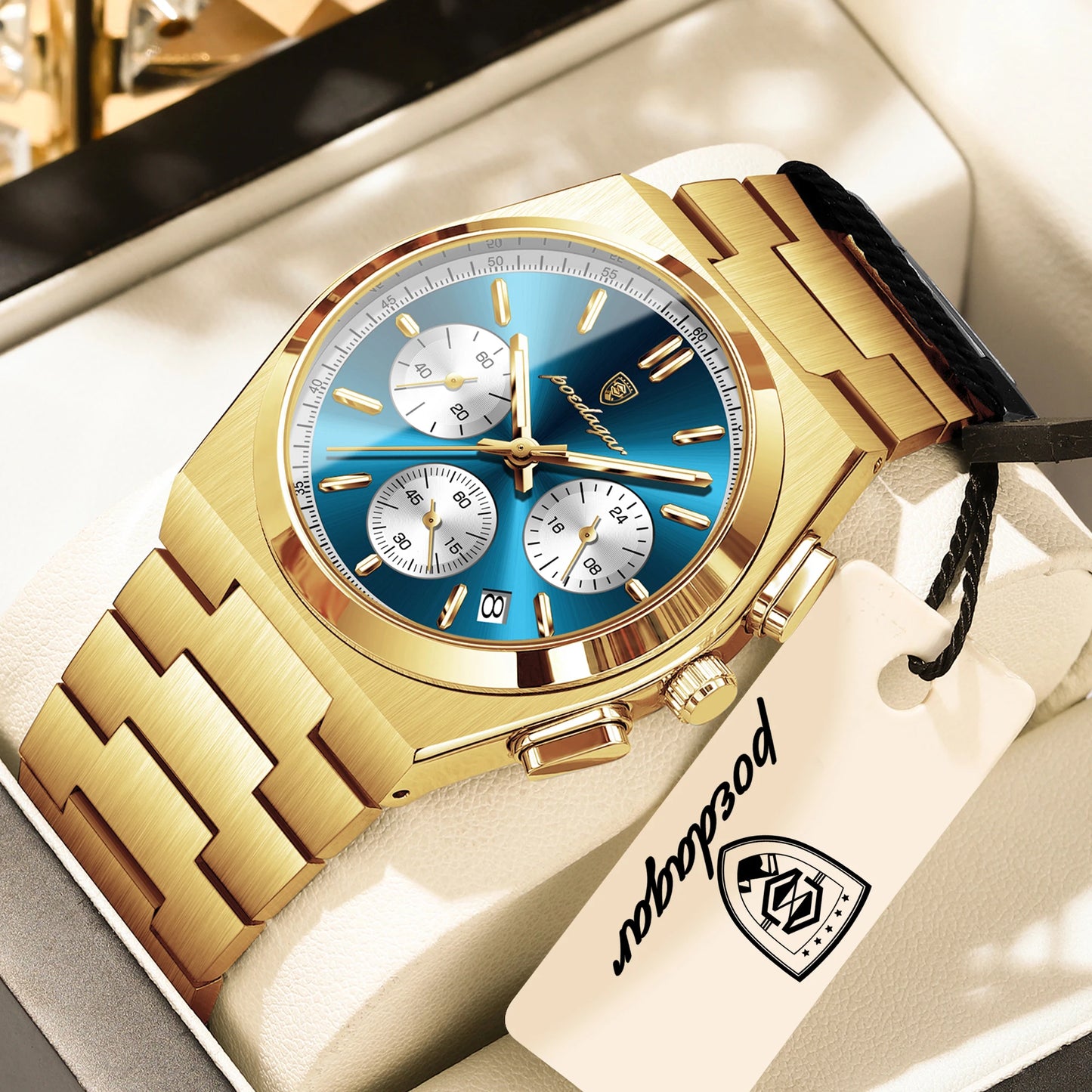 POEDAGAR Top Business Men's Watch Chronograph Date Stainless Steel Classic Man Clock Waterproof Luminous Quartz Watches For Men Peaceful Pleasures Health and Wellness Gold Blue White China Mainland