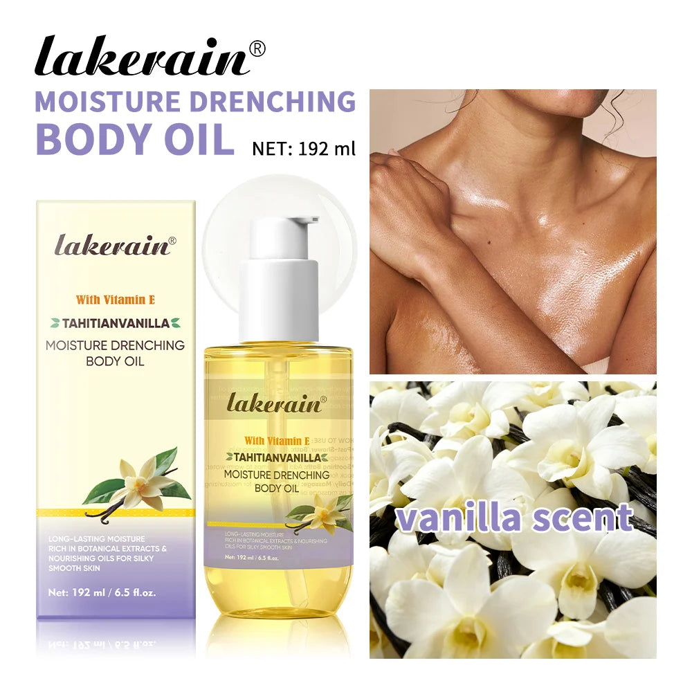 Lakerain Moisture Drenching Body Oil Deeply Hydrating Long Lasting Nourishment Glossy Skin Non-Greasy Cream Flavor Body Oil Peaceful Pleasures Health and Wellness Body Oil