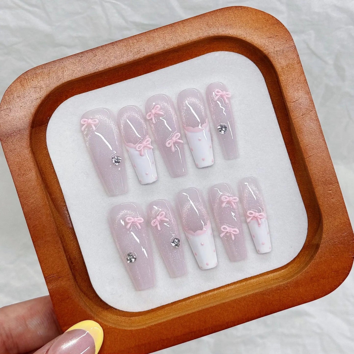 Long Ballet Press-On Nails Pink Bow Glitter French Cat Eye 10pcs