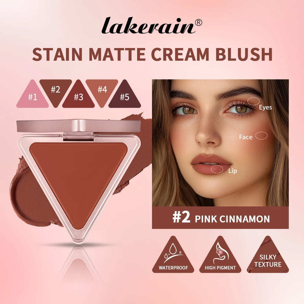 Lakerain Matte Cream Blusher Long-lasting Natural Makeup Triangle Box Design Oil-Resistant High Pigment Cream Blush Plate Peaceful Pleasures Health and Wellness