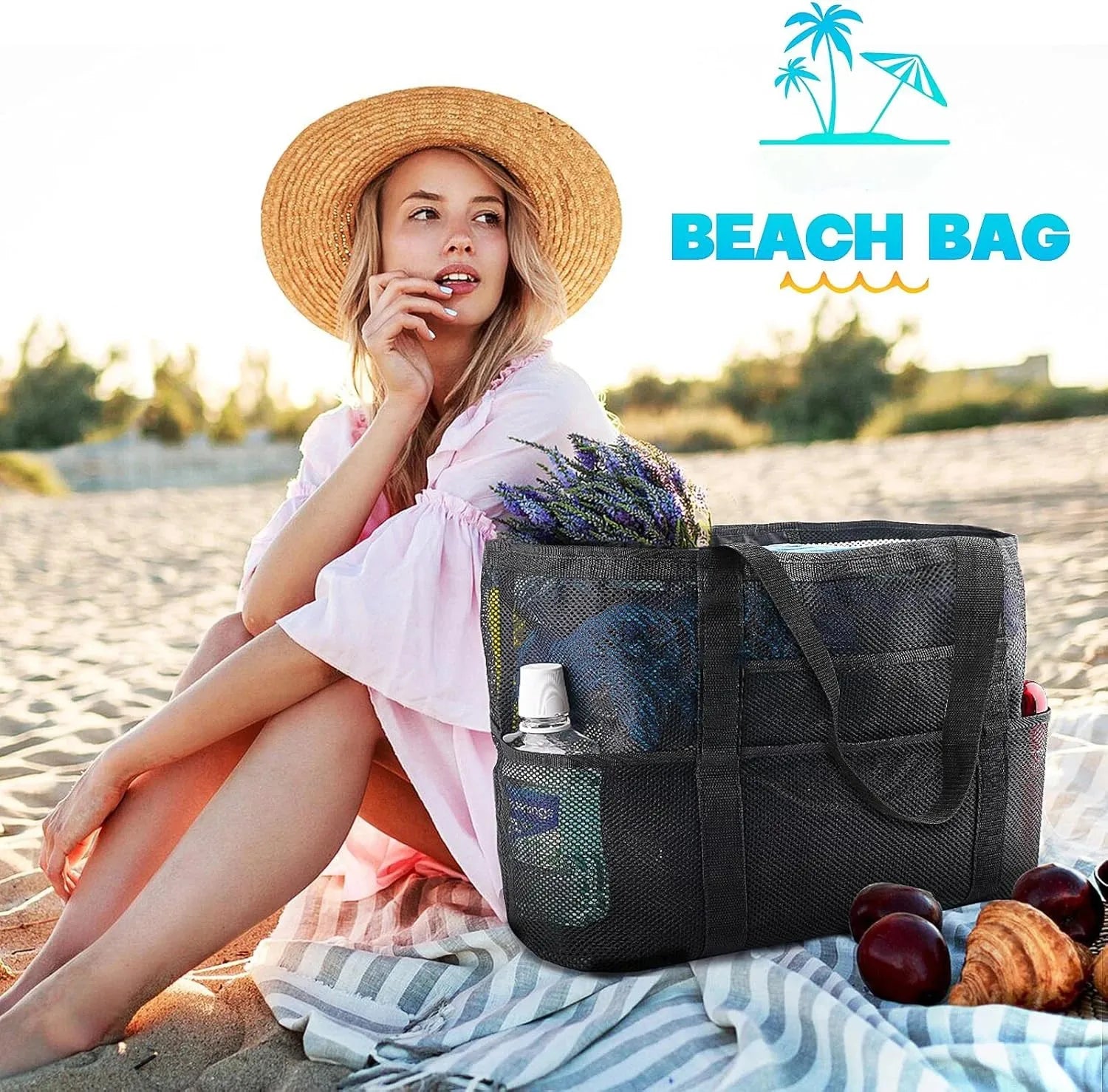 Mesh Beach Bag Large Initial Tote Bags Reusable Grocery Bags Foldable for Women Pool Swim Travel Vacation Essentials Peaceful Pleasures Health and Wellness