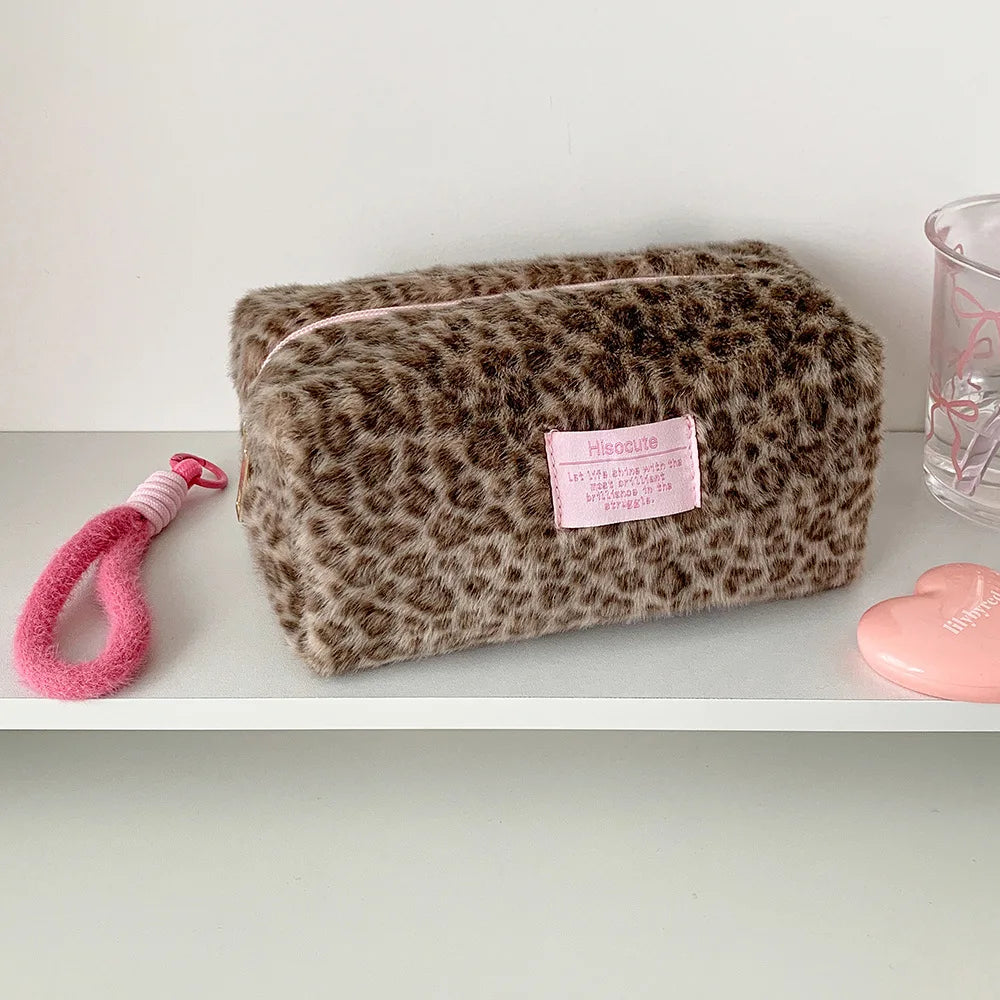 Plush Leopard Print Makeup Bag Student Portable Stationery Pencil