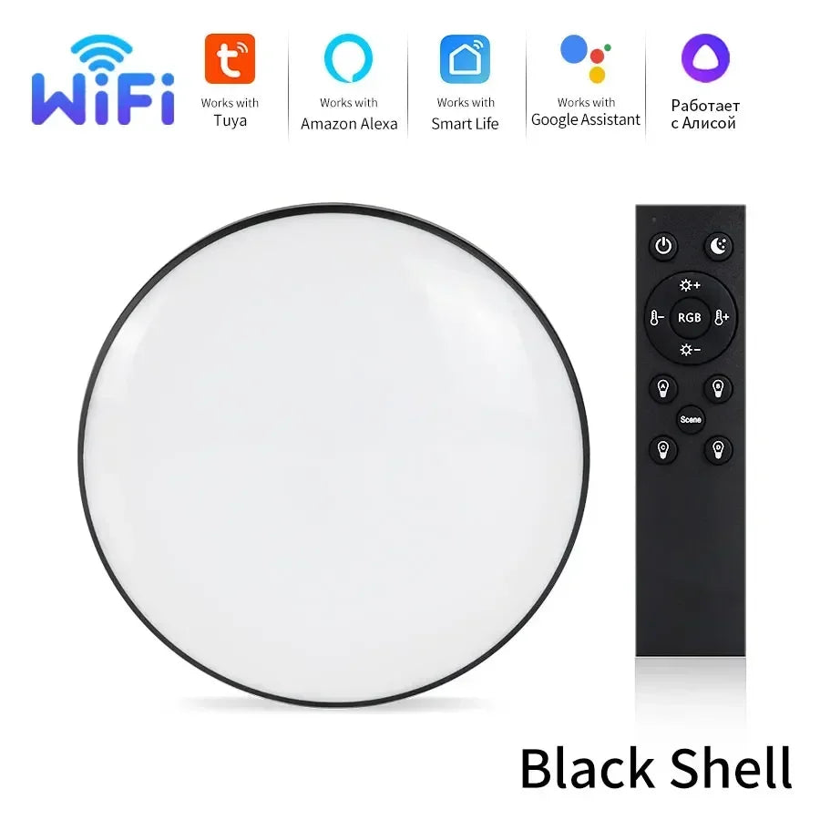 220V Tuya WiFi Smart Ceiling Light with RF 2.4G Remote Smart Life APP Alexa Google Home Voice Control 24W Round LED Ceiling Lamp Peaceful Pleasures Health and Wellness black lamp remote