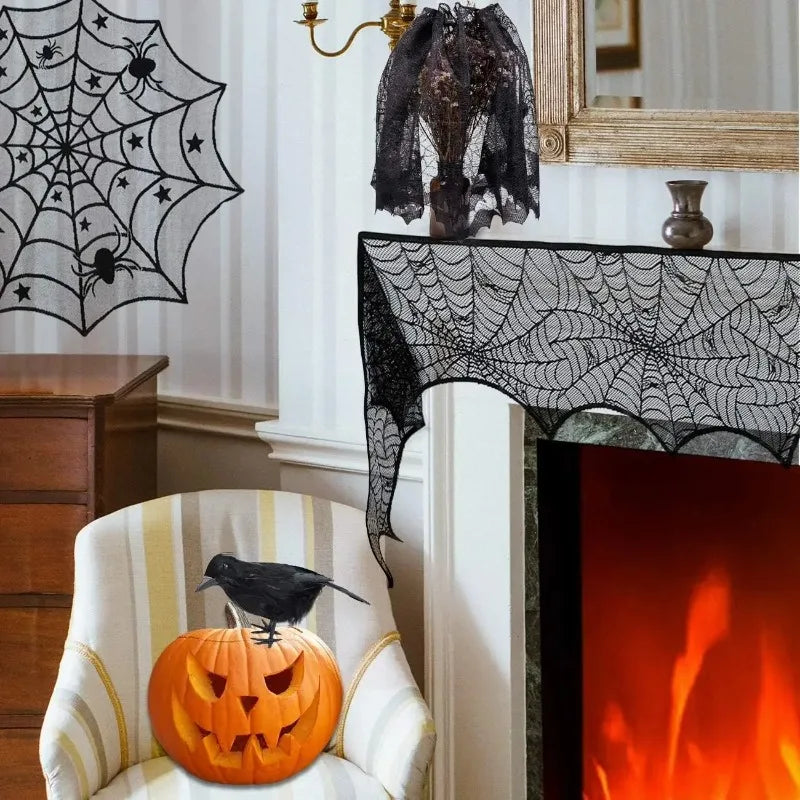 Halloween Black Lace Tablecloth Spider Web Table Runner Decor