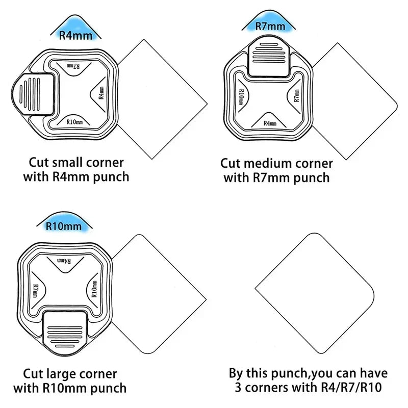 3-in-1 Corner Rounder Punch R4 R7 R10mm Round Cutter Trimmer Card
