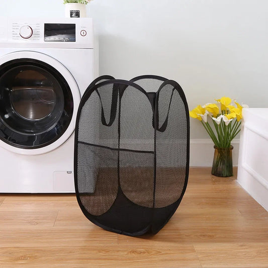 Large Capacity Dirty Clothes Basket Storage Bucket Mesh Bathroom Portable Foldable Dirty Clothes Basket Peaceful Pleasures Health and Wellness Black