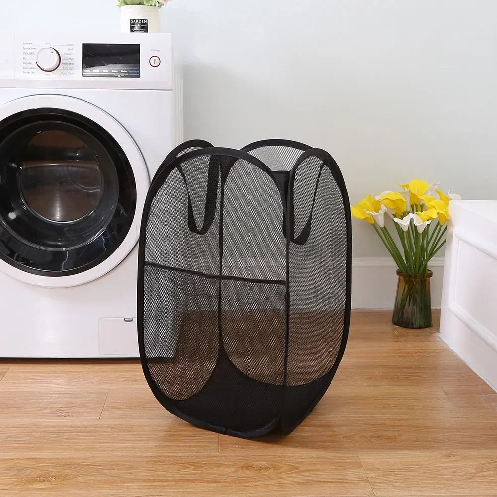 Large Capacity Dirty Clothes Basket Storage Bucket Mesh Bathroom Portable Foldable Dirty Clothes Basket Peaceful Pleasures Health and Wellness Black