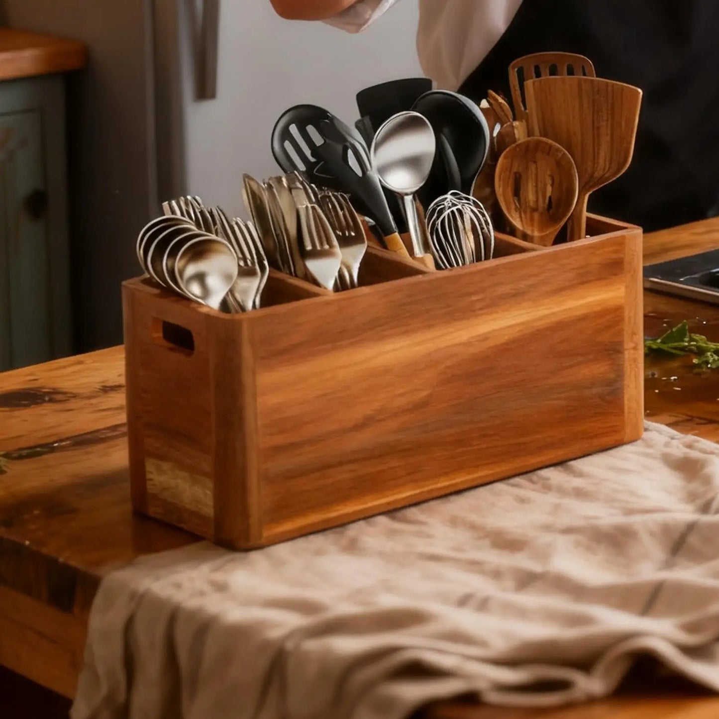 Kitchen Utensil Holder Wooden Desktop Silverware Organizer Divided Cutlery Rack For Home Apartment RV Party Christmas Country Peaceful Pleasures Health and Wellness