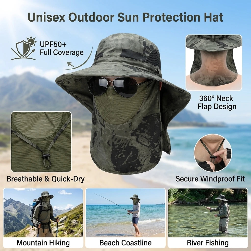 Unisex Sun-Protection Fishing Hat UPF50+ Wide Brim Outdoor UV-Protection Cap with Neck Flap for Hiking Fishing Travel Peaceful Pleasures Health and Wellness