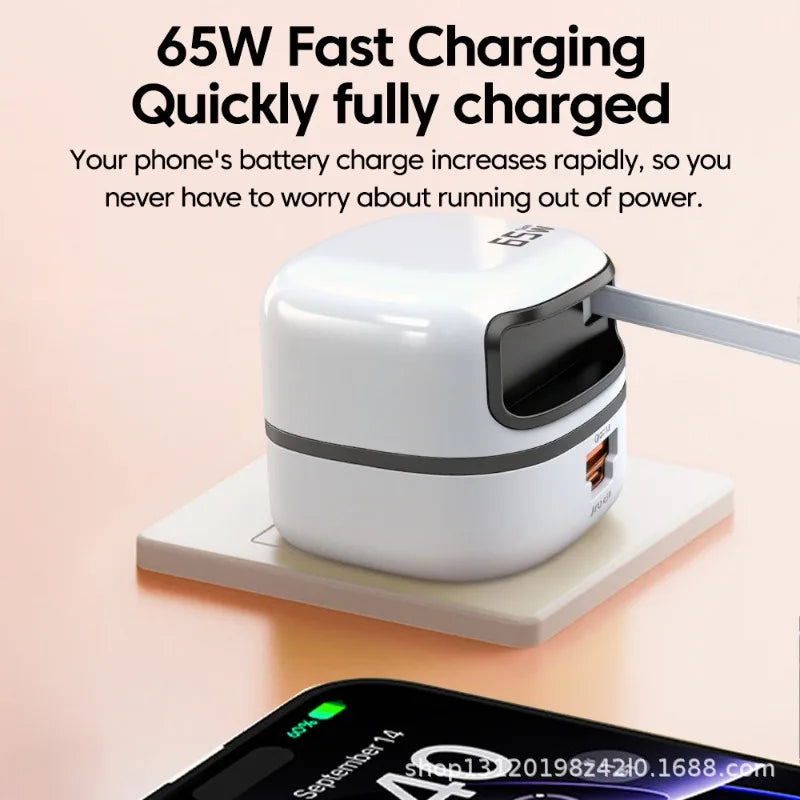 65W Foldable Wall Charger with Retractable Cable | Travel Adapter Wall Travel Charger Peaceful Pleasures Health and Wellness WHITE UK