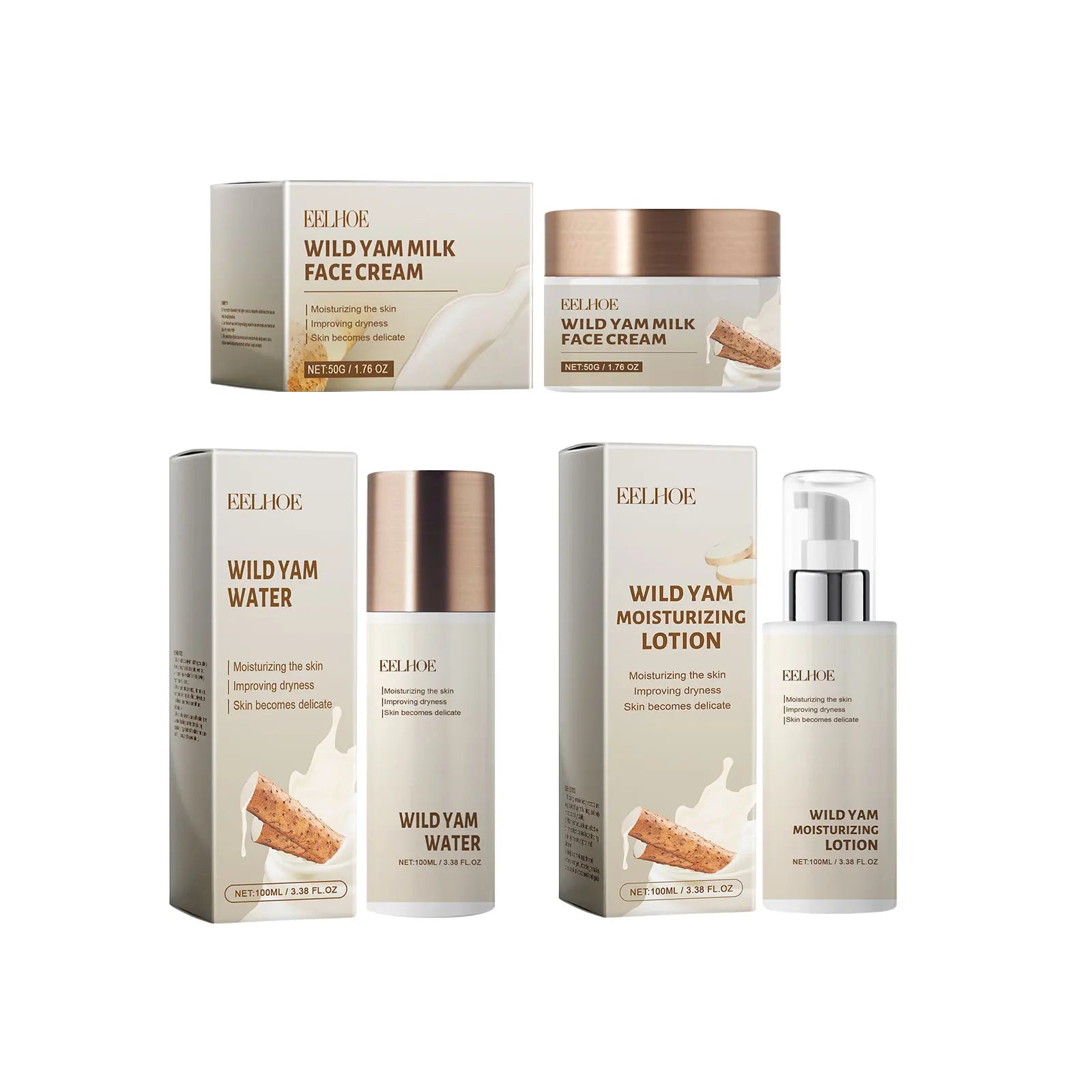 Collection of Elfhoe skincare products including cream, water, and lotion on a white background