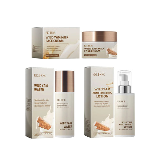 Collection of Elfhoe skincare products including cream, water, and lotion on a white background