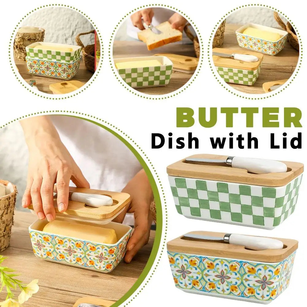 Farmhouse Ceramic Butter Dish with Lid & Knife Set