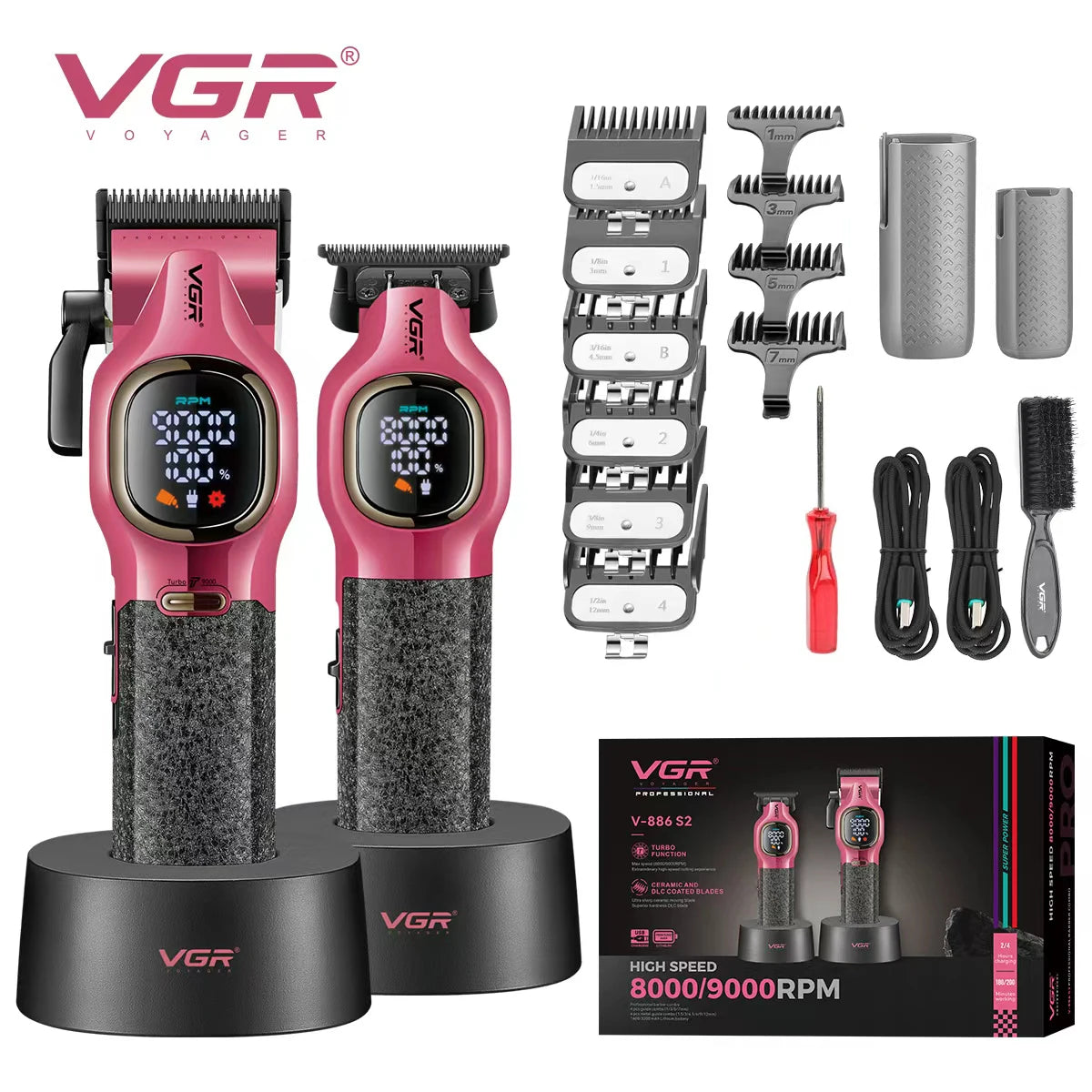 VGR high-end hair trimmer two-piece set metal body 9000 RPM hair clipper alloy blade head oil head carving push shear V-886 S2 Peaceful Pleasures Health and Wellness USB
