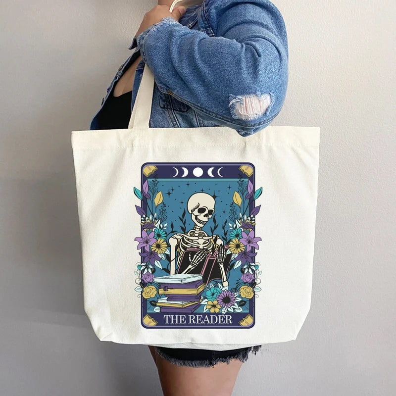 Reader Skull Large Canvas Tote Bag | Book Lover Gift Canvas Tote Bag Peaceful Pleasures Health and Wellness