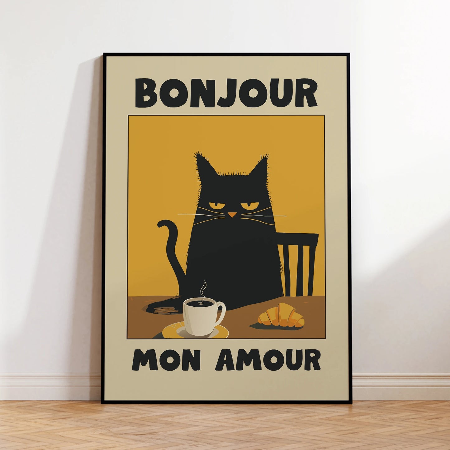 Black Cat Breakfast Vintage Canvas Wall Art | Warm Tones Print