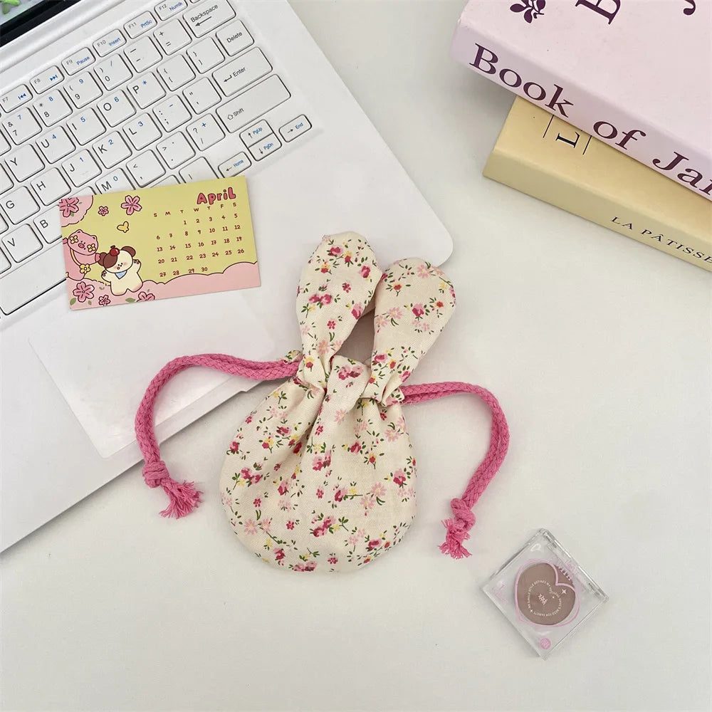 Cute Rabbit Ear Floral Drawstring Storage Bag Outdoor Portable