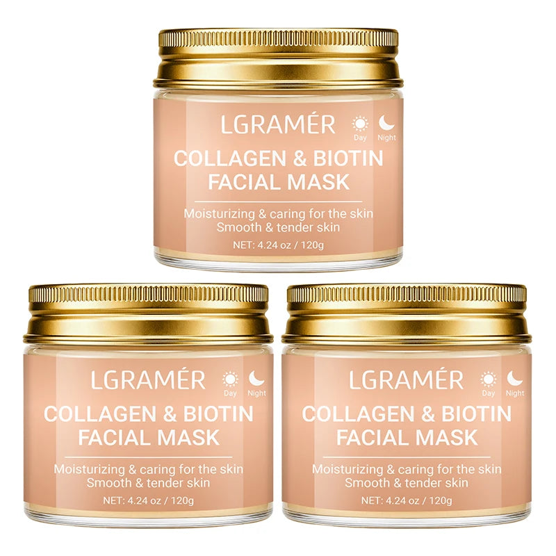 Collagen & Biotin Day Night Mask, Intense Moisturizing Hydration, Smooth Rough Skin, Make Skin Tender Soft & Glowing Facial Care Peaceful Pleasures Health and Wellness 120g-3pcs