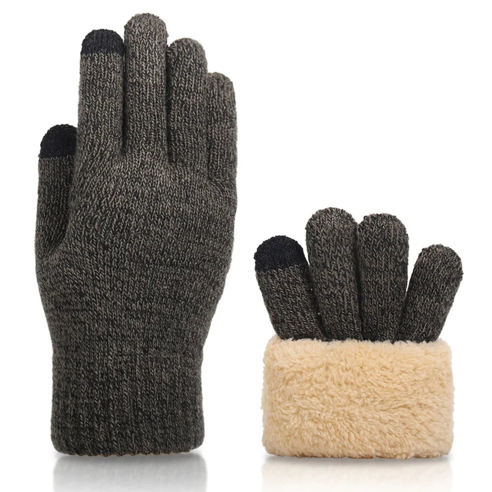 1pair Men Black Winter Double Layer Plus Velvet Thickened Knitted Gloves, Outdoor Touch Screen Warm Full Finger Gloves Peaceful Pleasures Health and Wellness Dark gray One Size