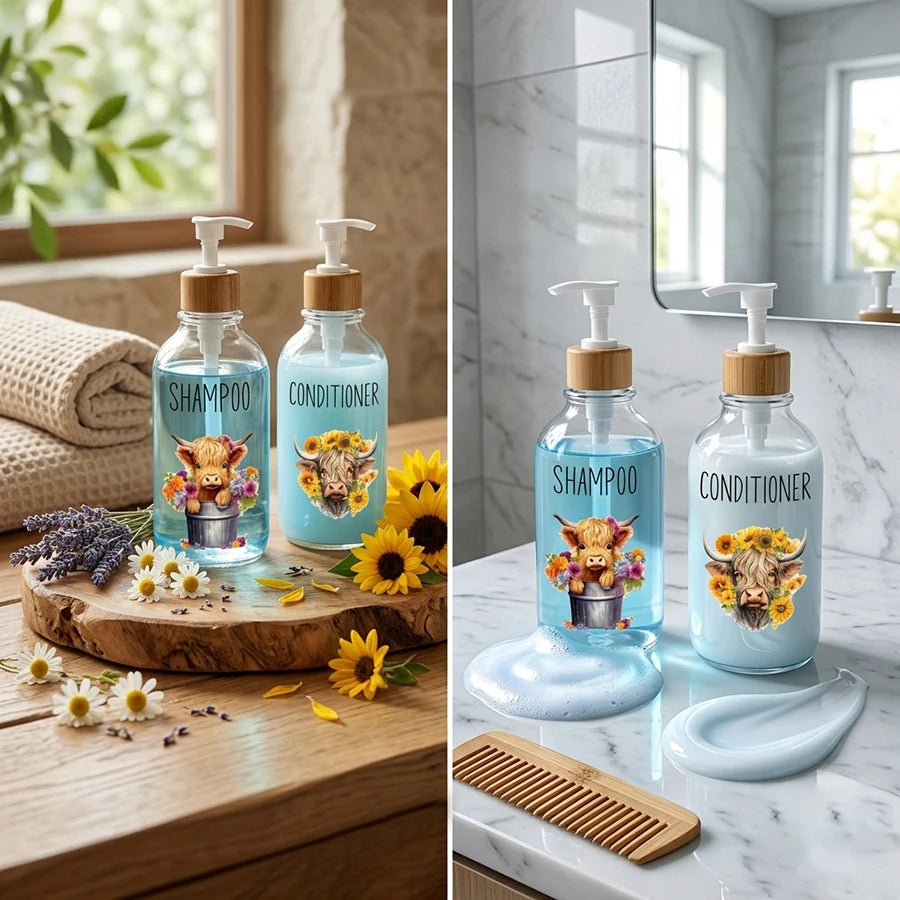 Highland Cow Sunflower Soap Dispenser – 3 Piece Refillable Clear Pump Dispenser Set