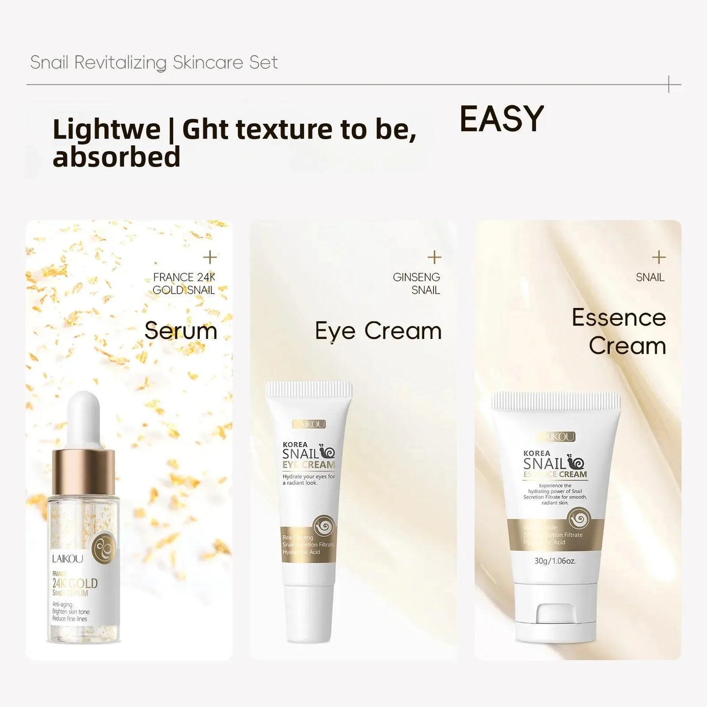 LAIKOU 24K Gold Snail Serum Eye Cream & Essence Set