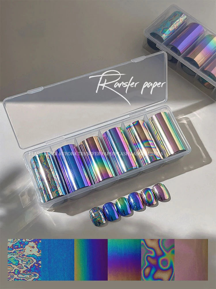 6 Rolls Holographic Aurora Nail Transfer Decals – Iridescent DIY