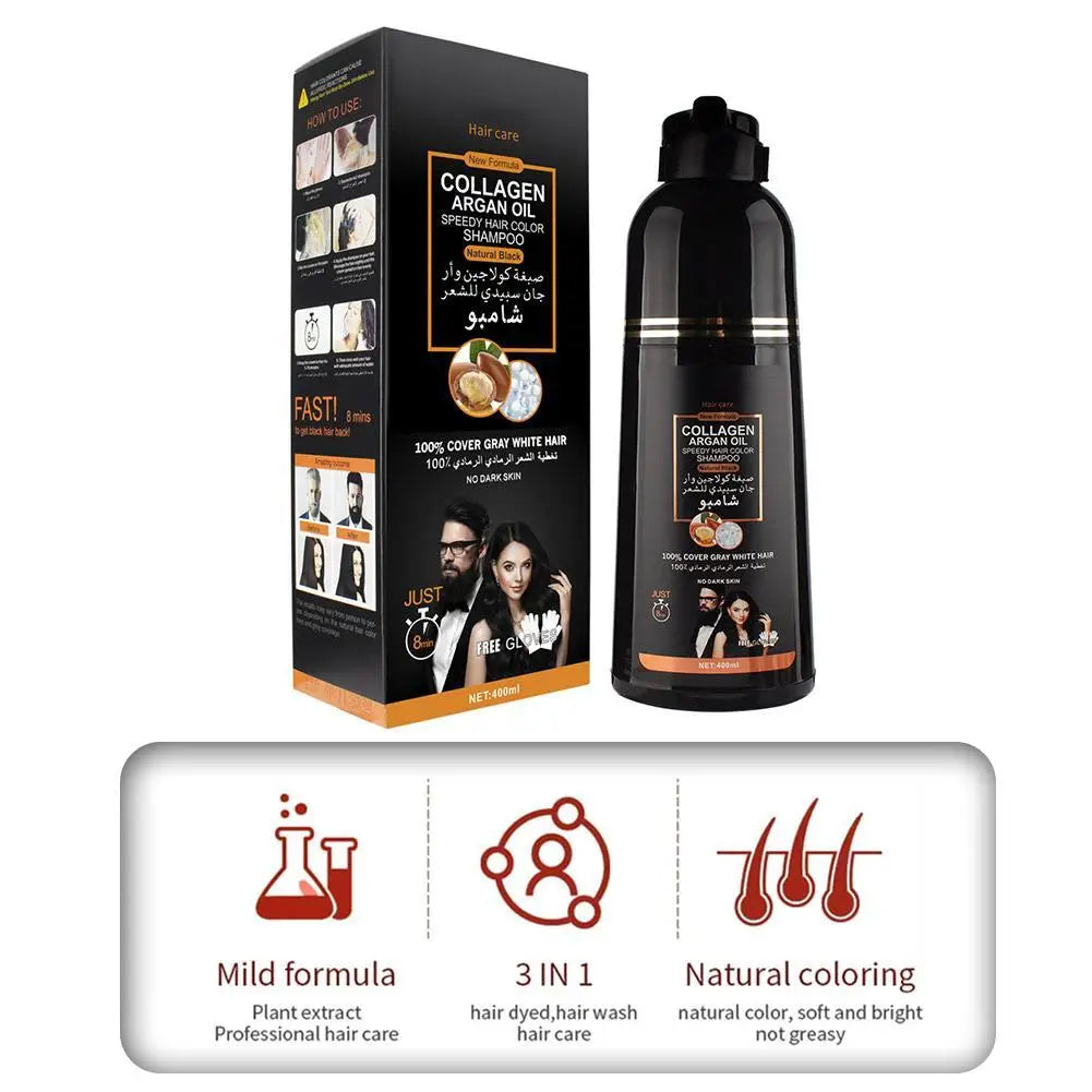 3-in-1 Collagen Argan Oil Shampoo Long-Lasting Black Hair Dye Shampoo for Men Women Nourishes Colors Gray Hair, 500ml Formula Peaceful Pleasures Health and Wellness