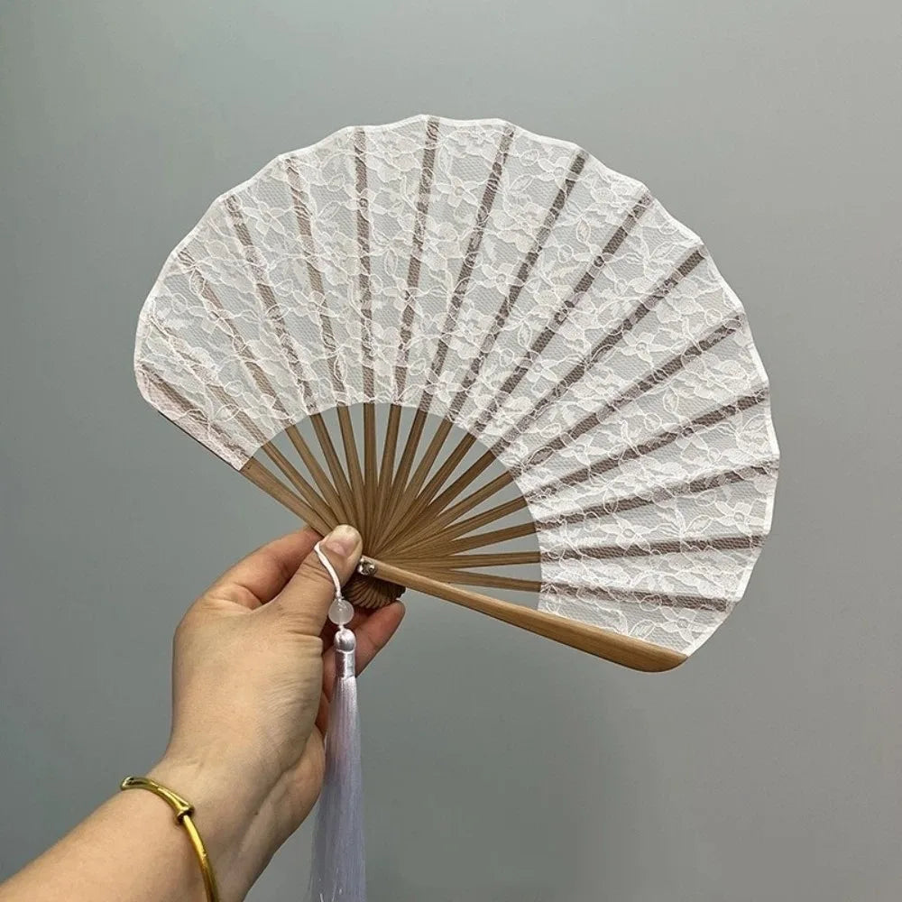 Vintage Folding Hand Fan – White Lace, Tassels & Bamboo