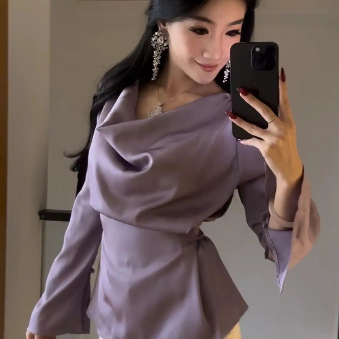 Women's Satin Flare Sleeve Blouse – Elegant Office Tunic Top