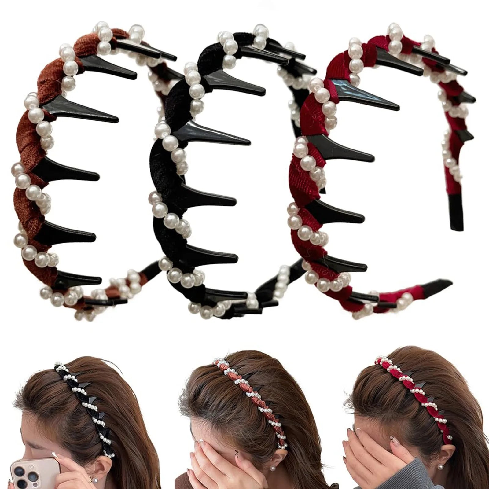 3PCS New Trendy Pearl Headbands Non-slip Wavy Head Hoop Combing Hairbands Headwear Hair Accessories Hair Accessories Gifts Peaceful Pleasures Health and Wellness A One Size