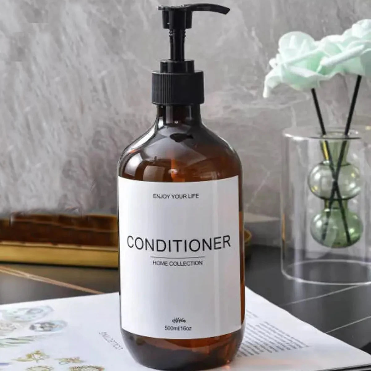 Bathroom Shampoo Dispenser Set 500ml Conditioner Body Wash Bottles Refillable Dispenser Farmhouse Decoration Storage Bottles Peaceful Pleasures Health and Wellness Brown-C 1