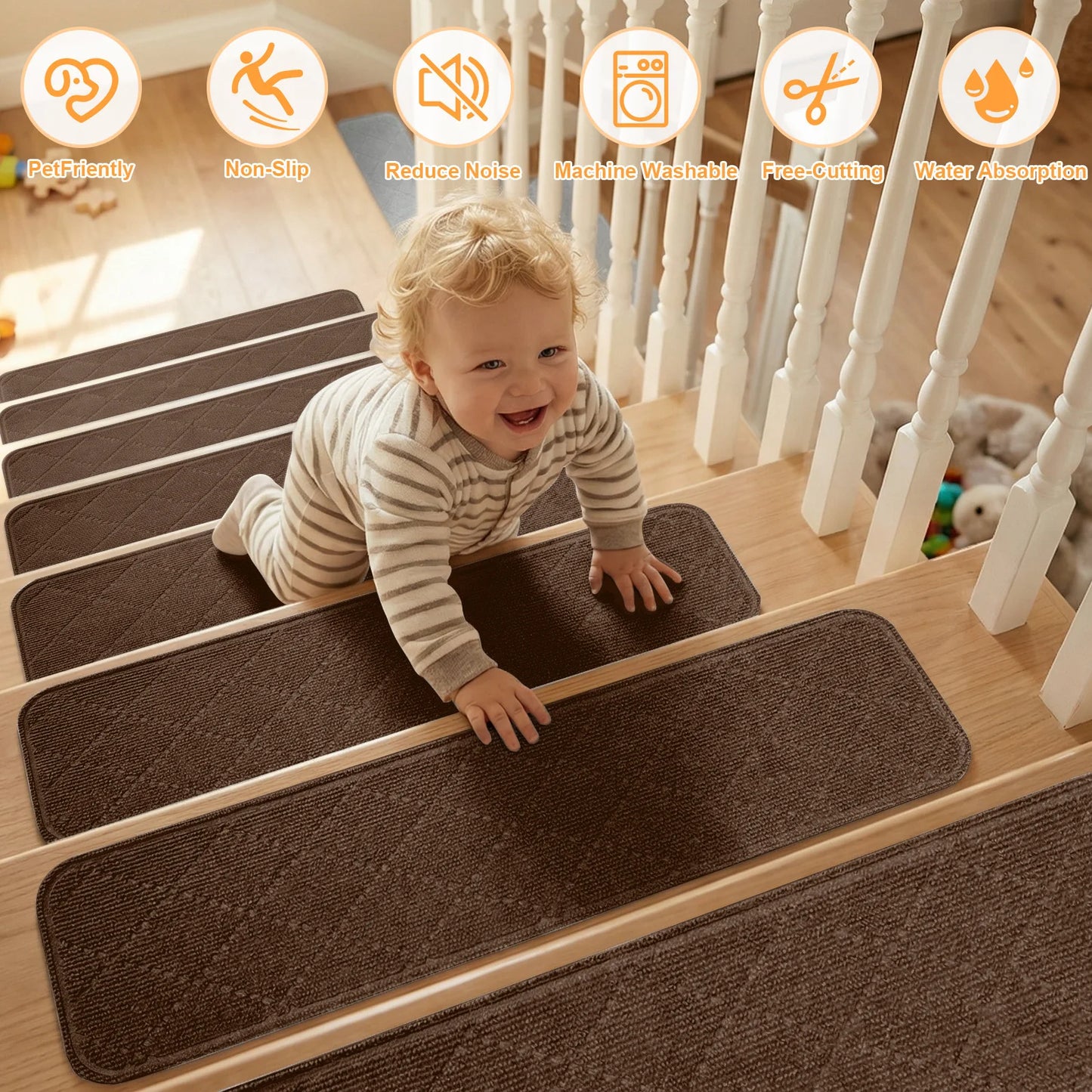 Non-Slip Self-adhesive Edging Stair Treads Indoor Soft Safety Stair Runners TPE Backing for Home Wooden Steps Kids Dogs Pads Peaceful Pleasures Health and Wellness Brown 76x20x0.5cm 8pc