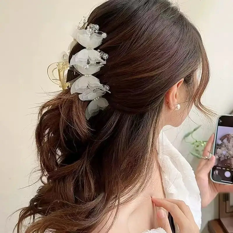 Light Blue/Pink Sheer Butterfly Claw Clip | Pearl Rhinestone Fairycore Hair Grabber | Elegant Romantic Hair Accessory Peaceful Pleasures Health and Wellness