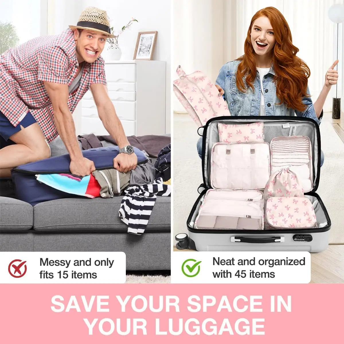 8-Piece Packing Cubes Set for Travel – Pink Bow Design Peaceful Pleasures Health and Wellness