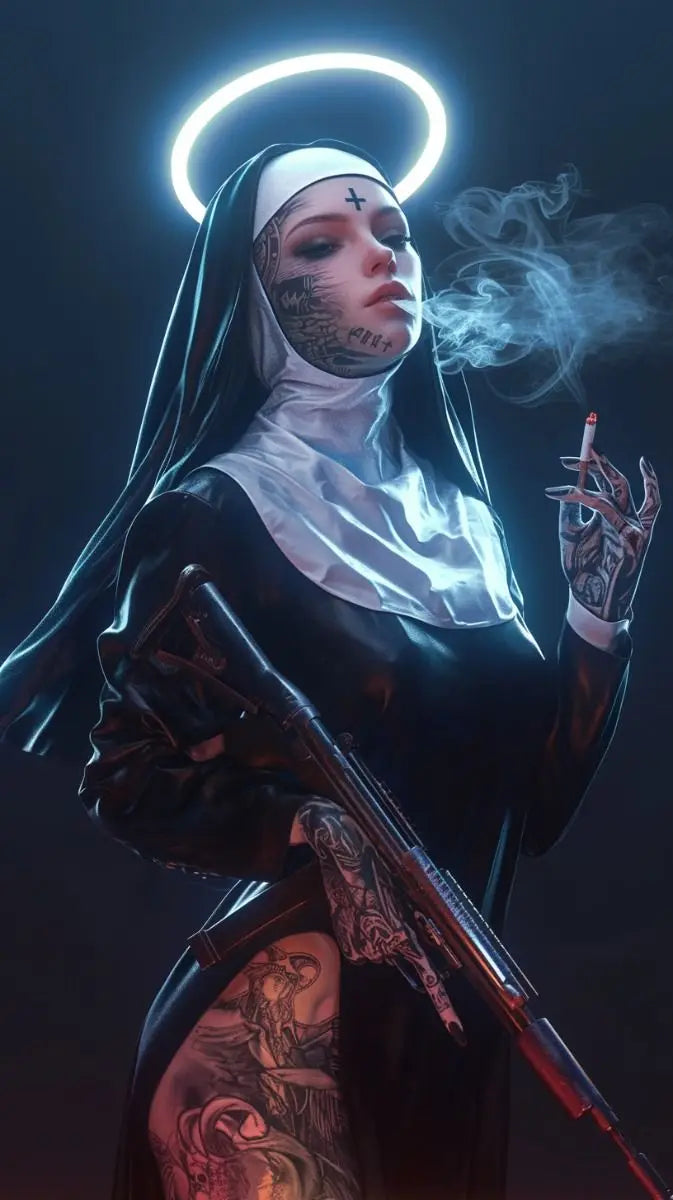 Smoking Nun Canvas Print Sexy Tattoo Machine Gun Nun Christian Wall Art Home Decor Peaceful Pleasures Health and Wellness 3 40x60cm Unframed