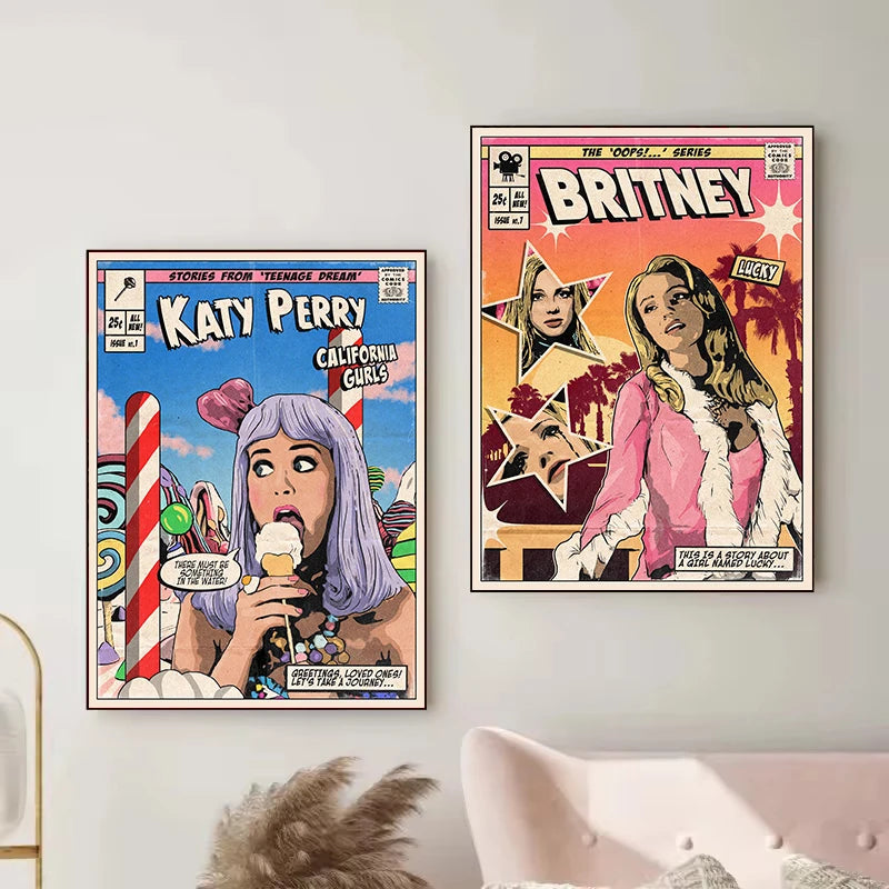 Classic Pop Singer Britney P!nk Katy Retro Comic Style Album Covers Aesthetic Poster Canvas Painting Wall Pictures Home Decor Peaceful Pleasures Health and Wellness