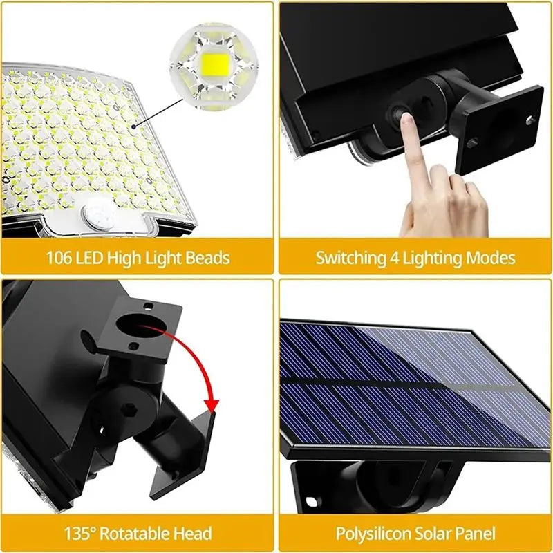 A36T-106 LED 3 Modes Solar Light Street Wall Lamp Sunlight PIR Motion Sensor Waterproof For Fence Street Garden Decor Peaceful Pleasures Health and Wellness