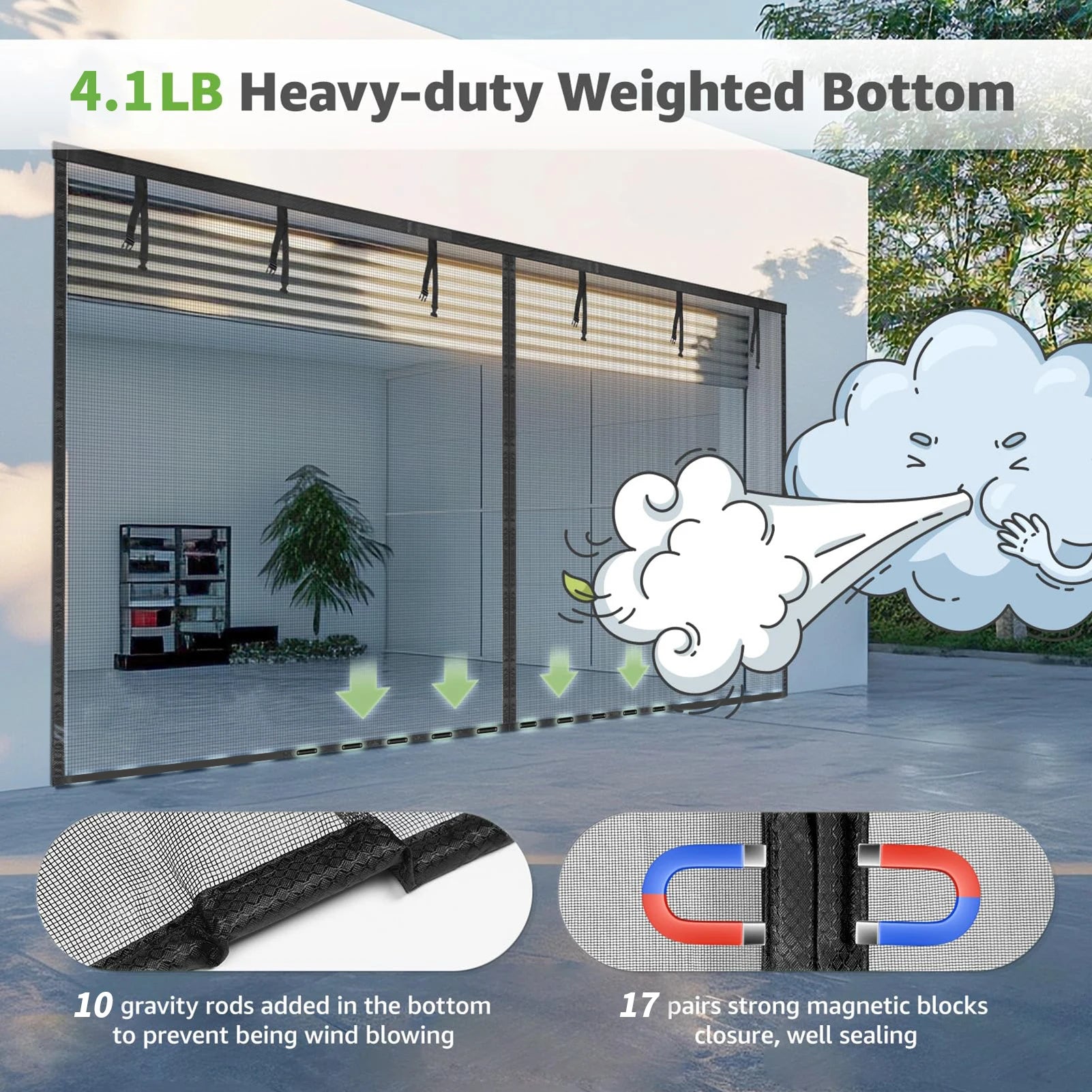 Garage Screen Doors for 2-Car Garage Fiberglass Heavy Duty Magnetic Door Screen Hands-Free with 6 Roll Up Straps for Outdoor Peaceful Pleasures Health and Wellness