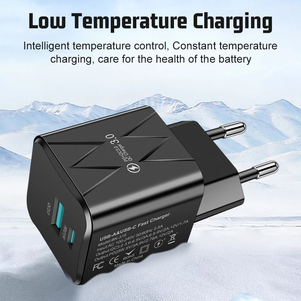 25W PD QC3.0 Dual Port Fast Charger USB-C Travel Adapter