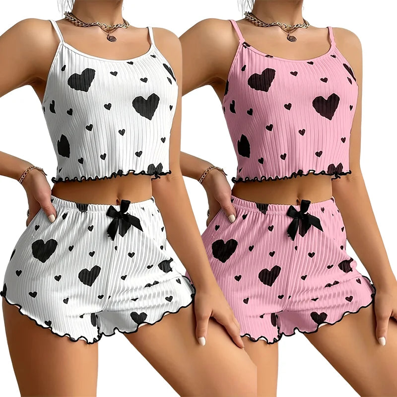 Women 2PCS Pajama Set Heart Print Cami Crop Top & Shorts Cute Ribbed Sleepwear Soft Breathable Summer Loungewear Nightwear Peaceful Pleasures Health and Wellness Black and Pink S