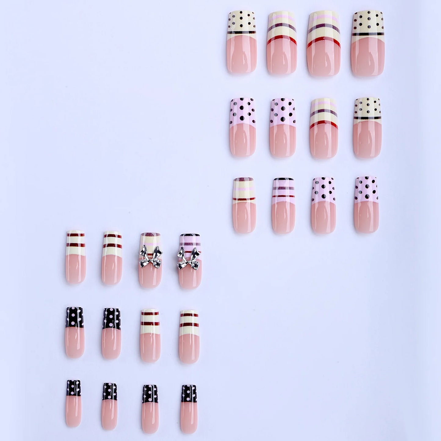 24pc Y2K French Press-On Nails – 3D Silver Bow & Stripe Art