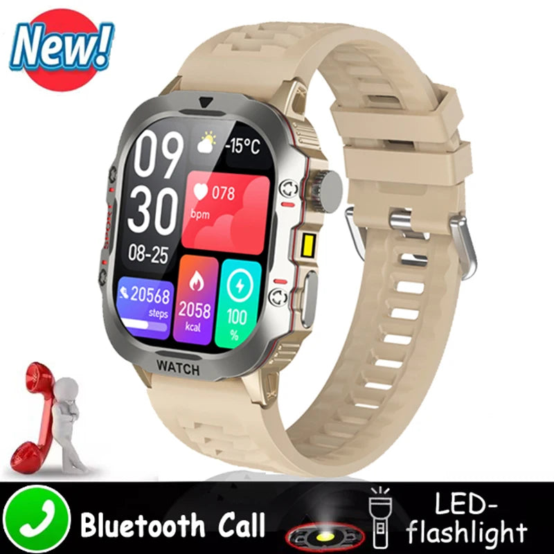 Rugged Military Smart Watch Flashlight Sport Watch for Men Women Inifnite Screen Heart Rate Monitor Multiple Sport Outdoor Watch Peaceful Pleasures Health and Wellness Brown Ola Esporte