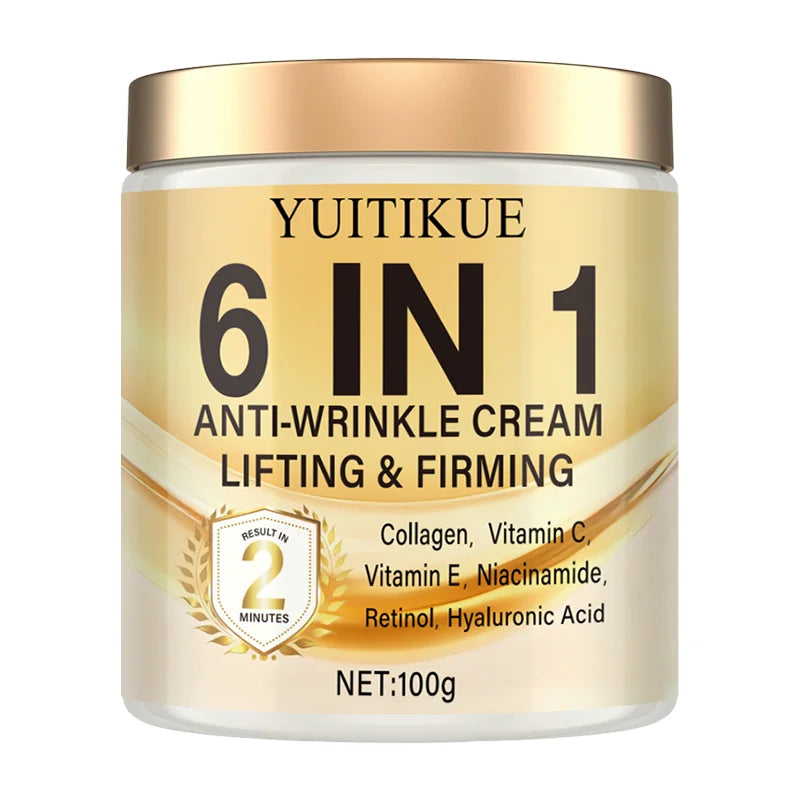 6-in-1 Anti-Wrinkle Cream: Deeply moisturizes, firms the skin, contains Vitamins C and E, retinol, and hyaluronic acid. Peaceful Pleasures Health and Wellness 100g