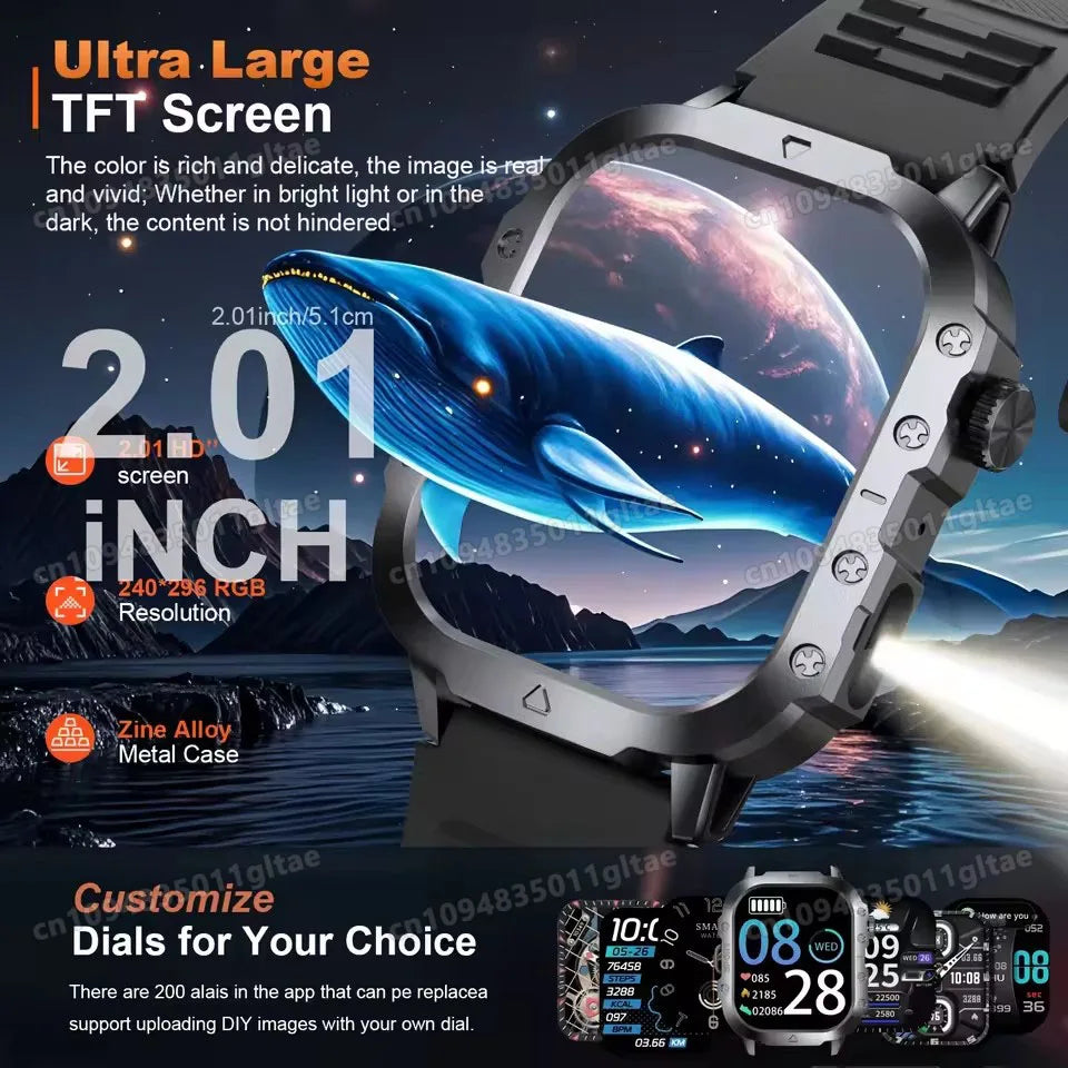 2026 New Military Outdoor Smart Watch Men's GPS Flashlight Bluetooth Call 2.01" AMOLED Screen 10ATM Waterproof Sports Smartwatch Peaceful Pleasures Health and Wellness