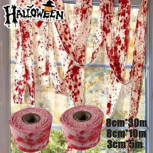Bloody Gauze Strip Roll & Caution Tape Halloween Haunted House Prop Halloween Party Prop Peaceful Pleasures Health and Wellness