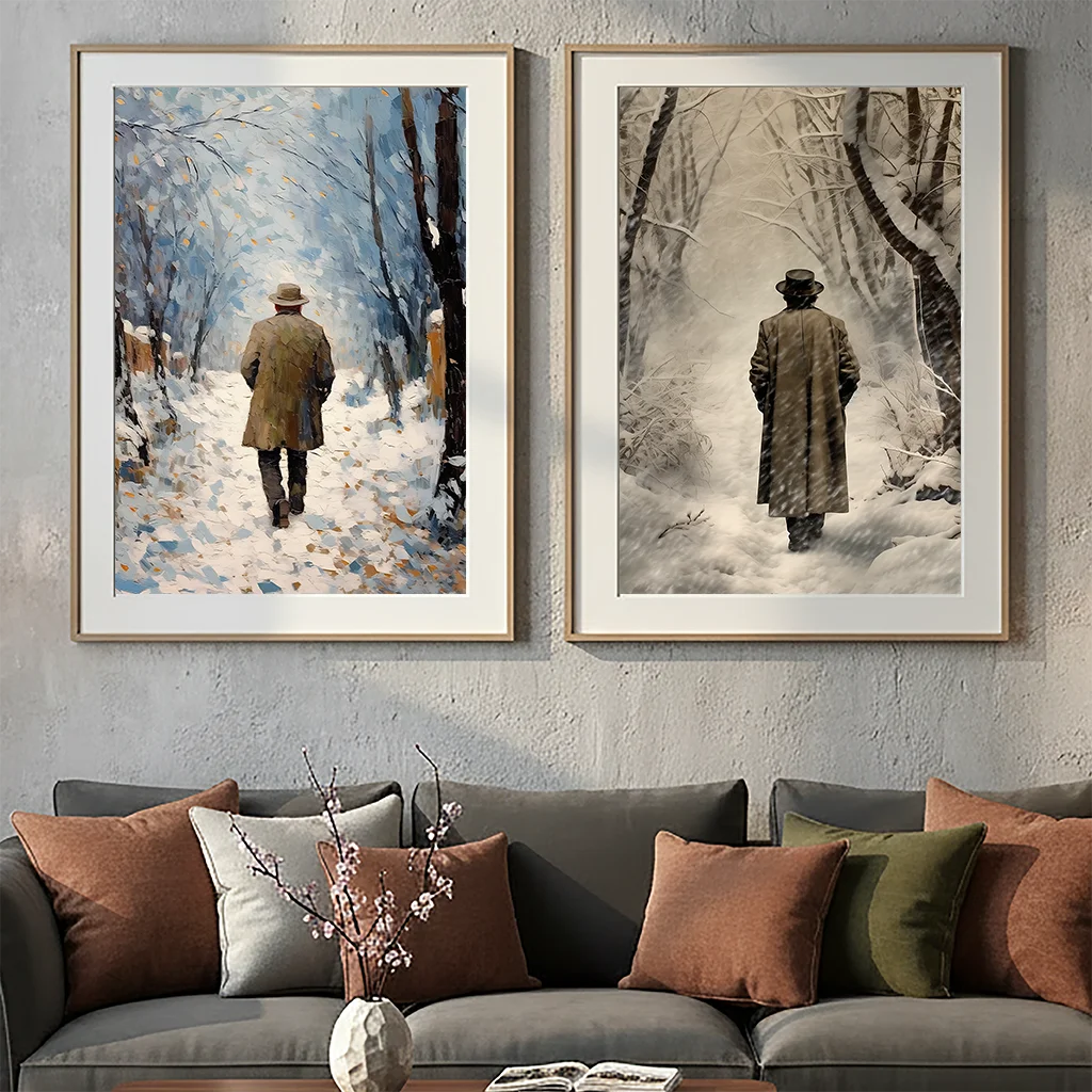 Winter PlantWall Art, Watercolor Walking Man Canvas Painting, Nordic Snowy Landscape Poster Print for Bedroom Living Room Décor Peaceful Pleasures Health and Wellness