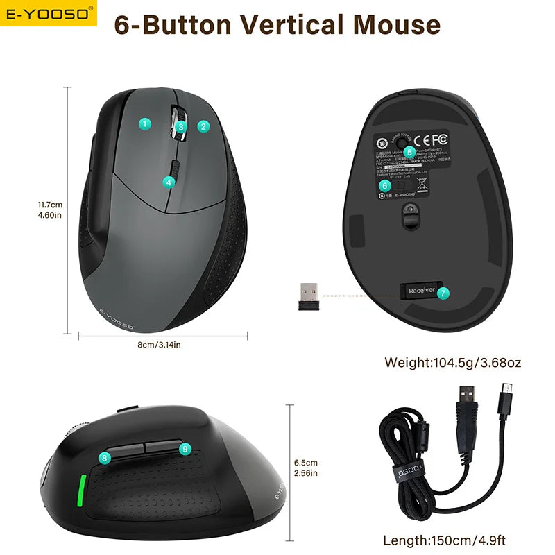 E-YOOSO X-45 Tri-mode Wireless Mouse Vertical Ergonomic 2.4G/Bluetooth/Type-C Wired 5 DPI, Rechargeable, for PC/Laptop/Mac Peaceful Pleasures Health and Wellness