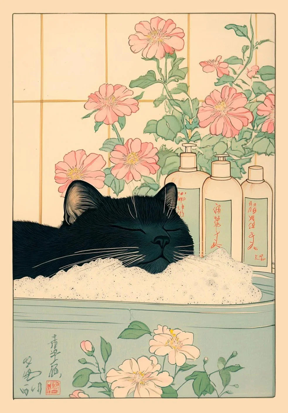 Japanese Tabby Cat in Bathtub Poster Prints Canvas Painting Retro Aesthetic Wall Art Picture Japandi Bathroom Toilet Home Decor Peaceful Pleasures Health and Wellness ZLH5526 70x100cm No Frame